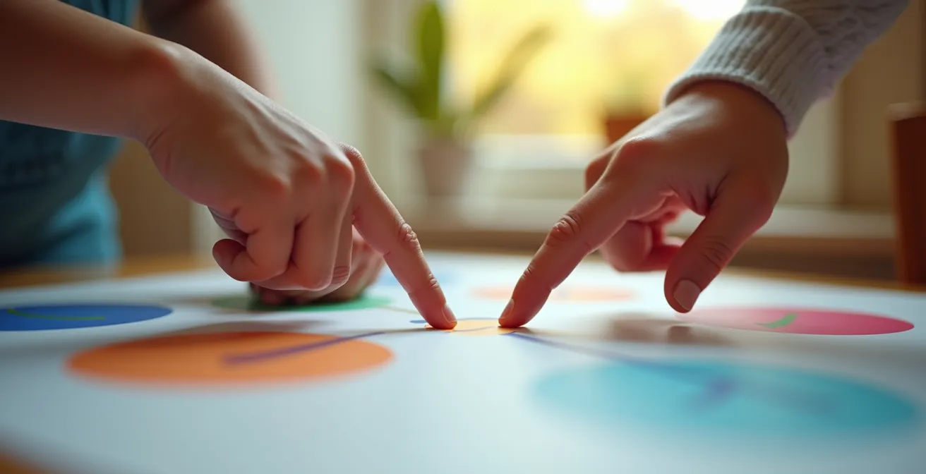 Mains d'adulte et d'enfant pointant sur un tableau coloré avec différentes options