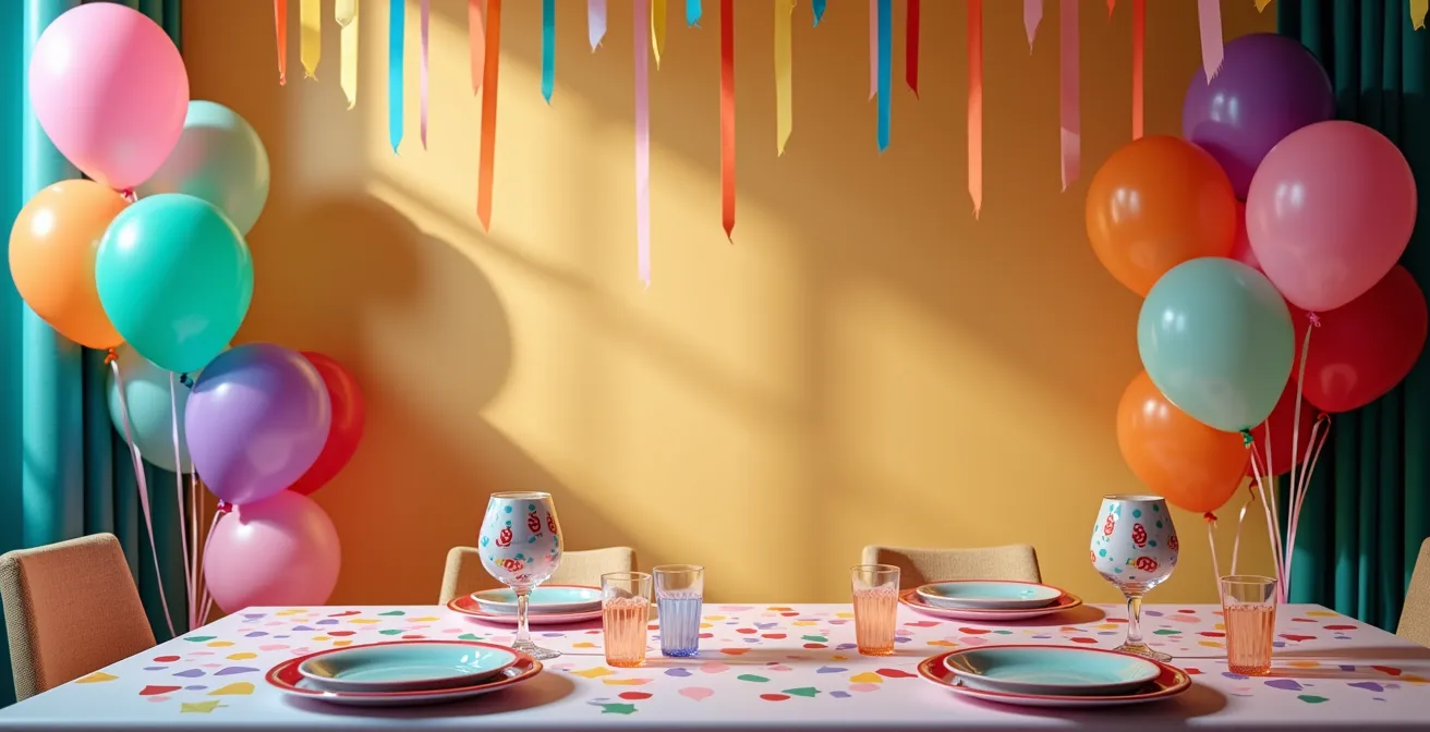 Espace goûter décoré avec ballons et décorations colorées dans un parc de trampolines