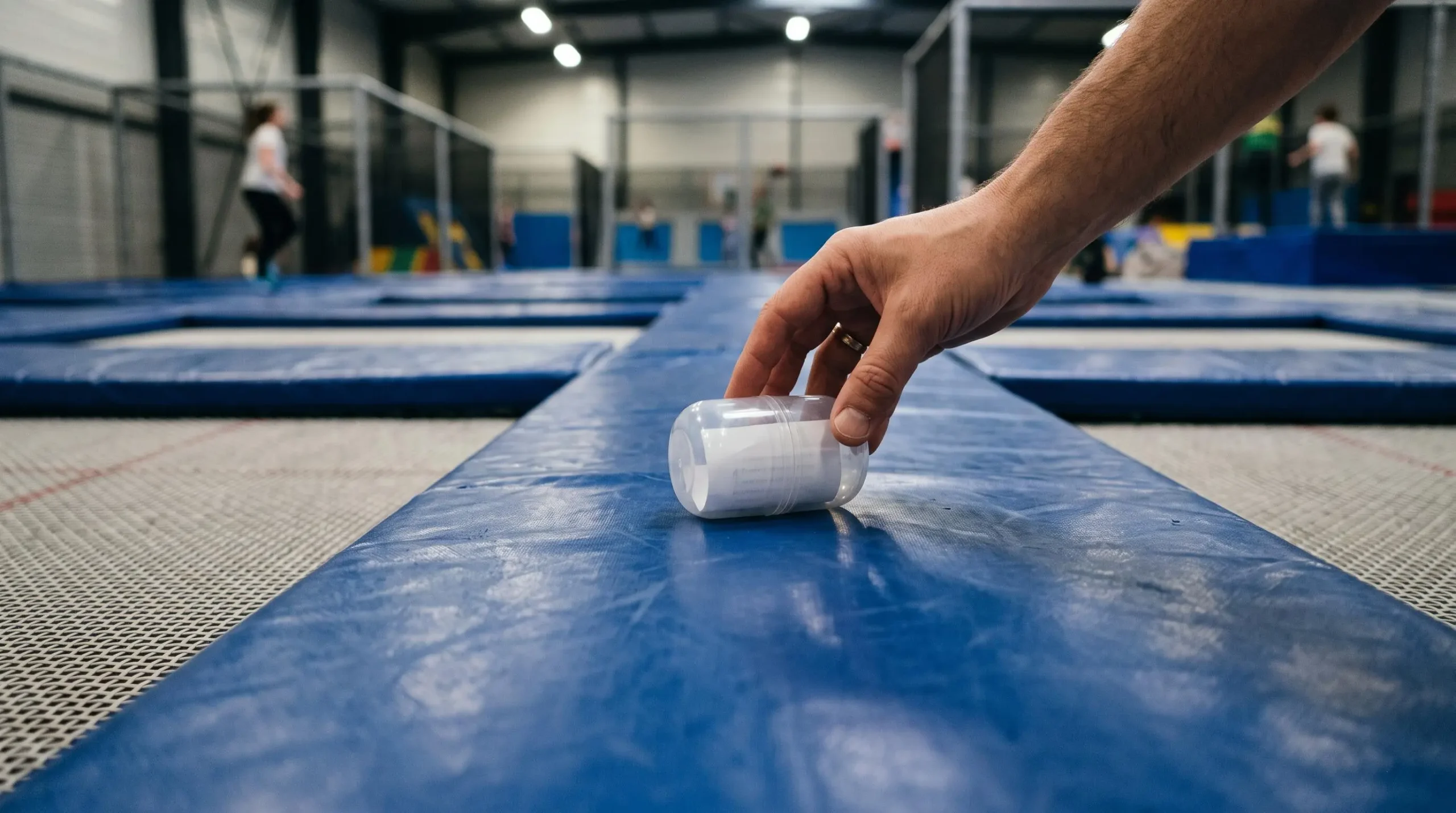 Un adulte dépose une petite capsule contenant un indice sur une poutre rembourrée entre deux trampolines.