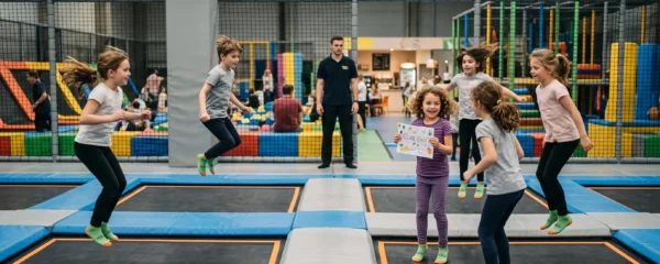 Des enfants sautent sur des trampolines d'un parc couvert pendant une chasse au trésor, encadrés par un adulte.