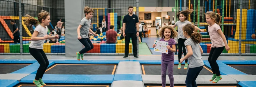 Des enfants sautent sur des trampolines d'un parc couvert pendant une chasse au trésor, encadrés par un adulte.