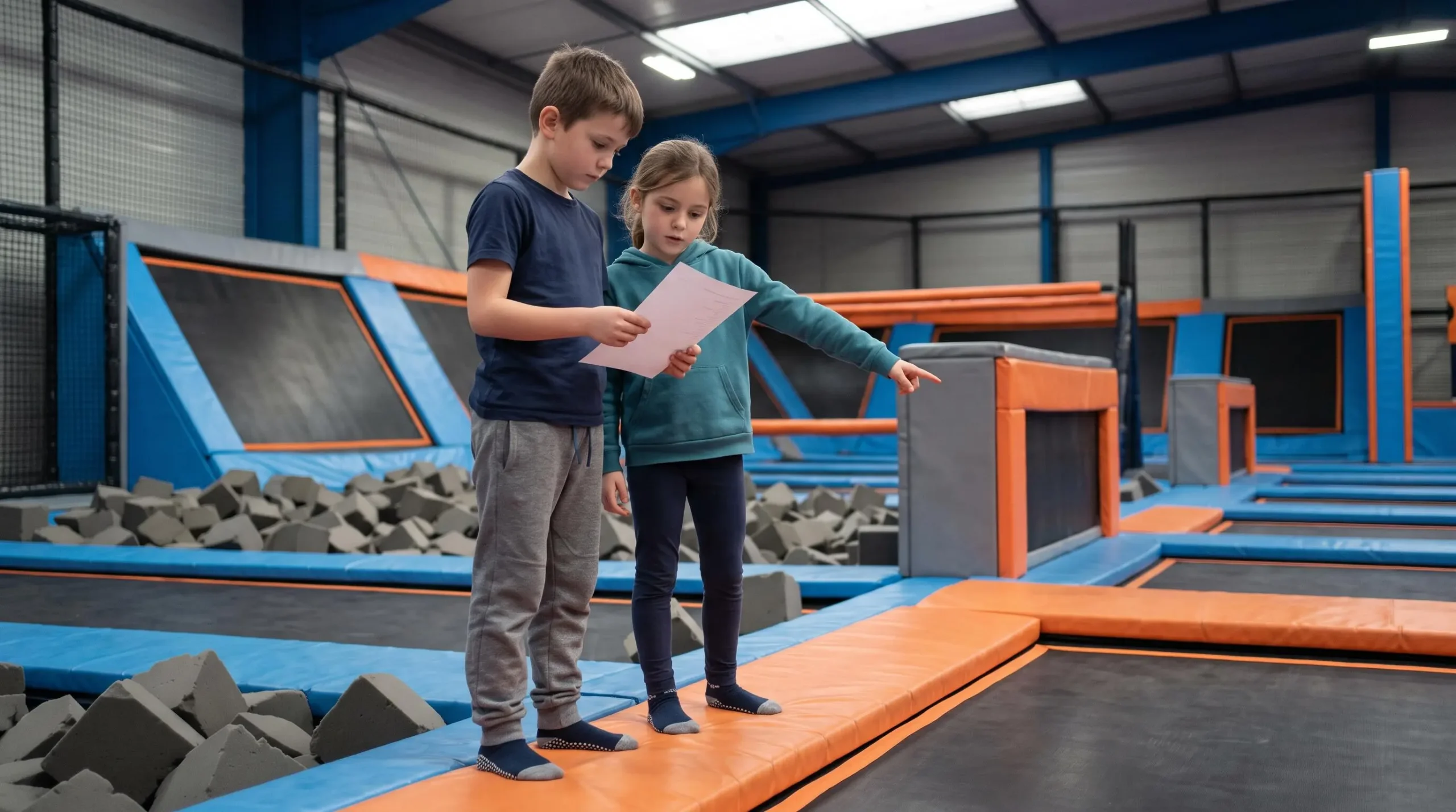 Deux enfants consultent une liste d'indices au bord d'une zone ninja rembourrée d'un parc de trampoline.